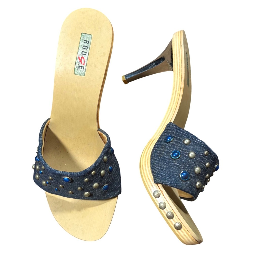 Y2K Denim Studded Wood Platform Mules Kitten Heel Sandals 8.5